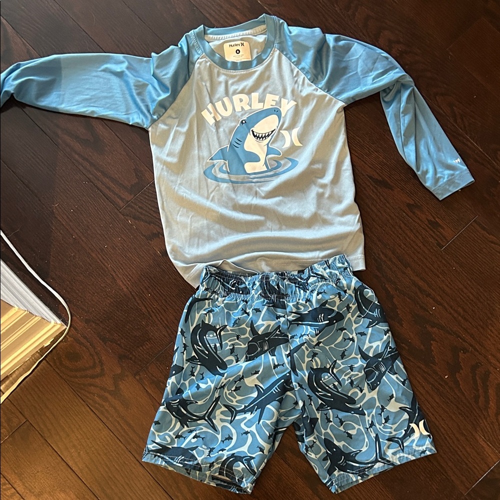 Hurley Kids Light Blue Shark Rashguard Set for 6 Year old